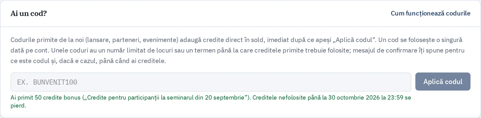 Coduri de credite — Apasă „Aplică codul”